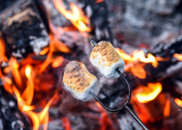 在热火上烤棉花糖特写图片下载