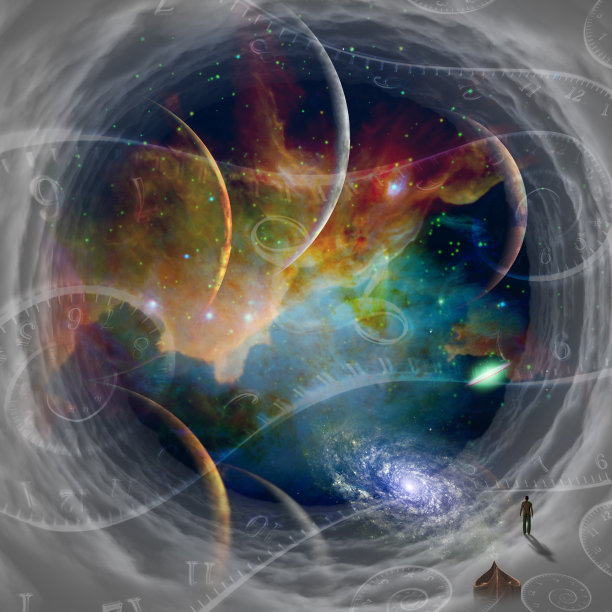 人在多云的太空隧道图片下载