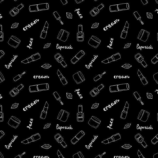 黑白图案与女性化妆品在涂鸦风格。香水，唇彩，贝壳，骨粉。彩妆无缝图案和彩妆线条艺术风格。设计纺织品，剪贴簿，包装，盒子。图片下载