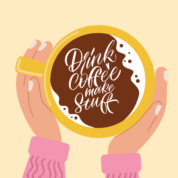 手里拿着马克杯，上面写着关于咖啡的短语。书法风格报价。平面设计生活方式字体。手写字体设计元素为咖啡厅装饰和商店广告。图片下载