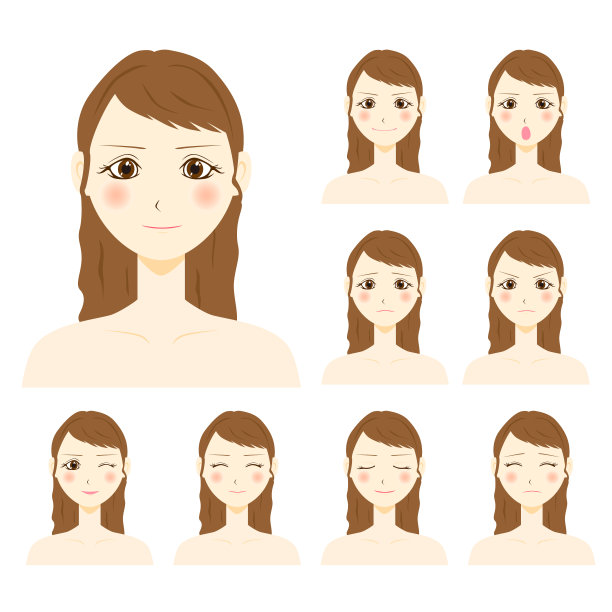 女孩人物插图与各种面部表情。图片下载