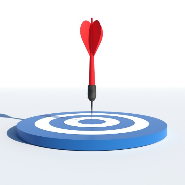 射中靶中心的飞镖。业务定位焦点概念。三维渲染图片下载