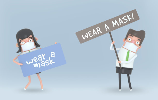 一对戴面具的夫妇举着一个标志。3d插图。图片下载