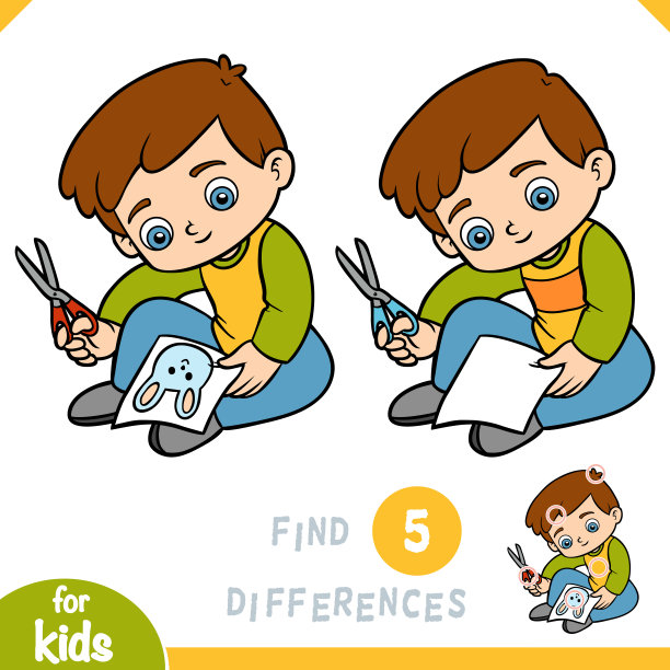 发现差异，为孩子们做游戏，男孩用剪刀剪一幅画图片下载