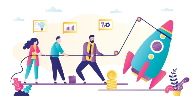 商人用绳子发射火箭。业务团队创建新项目。团队合作，开发新公司。图片下载