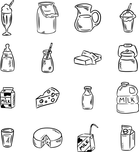 奶制品黑色和白色的涂鸦设置牛奶图片下载