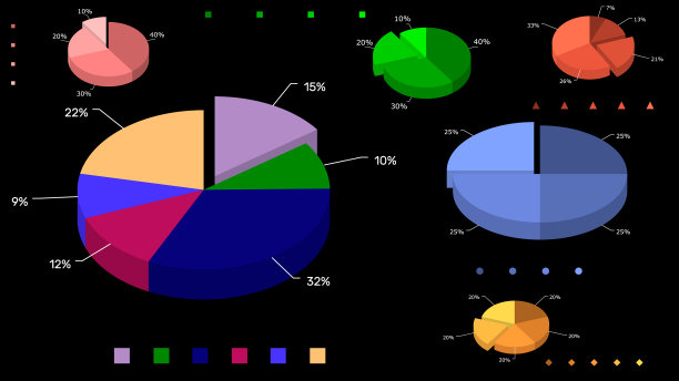 不同的饼图集孤立在黑色上图片下载