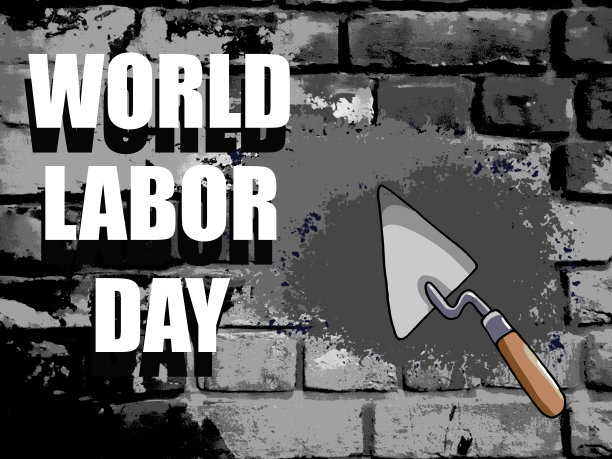 水彩插图。世界劳动节概念与时尚的文字和工具的工人在一个蓝色的背景图片下载