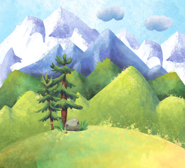 水彩画的山景有树木和雪山的一角，图片下载