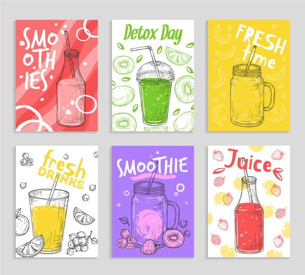 思慕雪传单五颜六色的排毒果汁新鲜图片下载