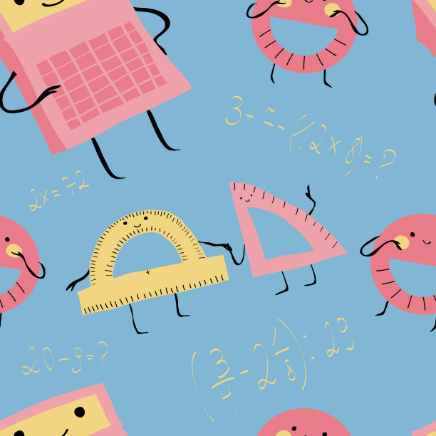 回到学校的无缝模式与可爱的拟人化计算器，角度尺和量角器在浅蓝色的背景与数学表达式图片下载