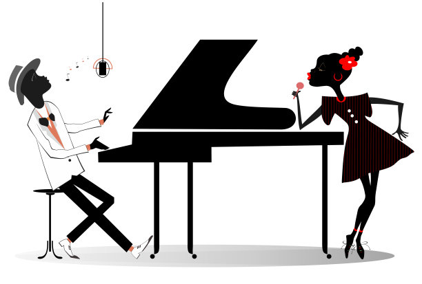 一对非洲音乐家，女歌手和男钢琴家的孤立插图图片下载