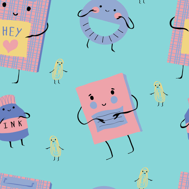 回到学校矢量无缝模式与可爱的拟人笔记本，剪贴板，量规，墨水瓶和纸夹在柔和的颜色在蓝色的背景图片下载