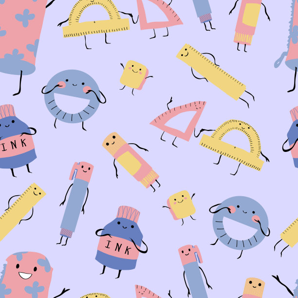 回到学校彩色矢量无缝模式与可爱的拟人化铅笔盒，尺子，量角器，墨水瓶，胶水，马克笔和彩色橡皮图片下载