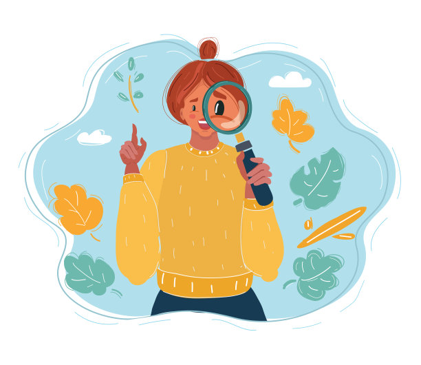 矢量插图的放大镜在蓝色背景上孤立的手图片下载