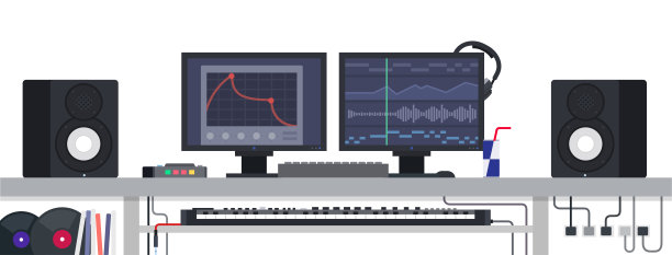 音乐家的工作区。矢量平面插图。音乐和唱片工业。图片下载
