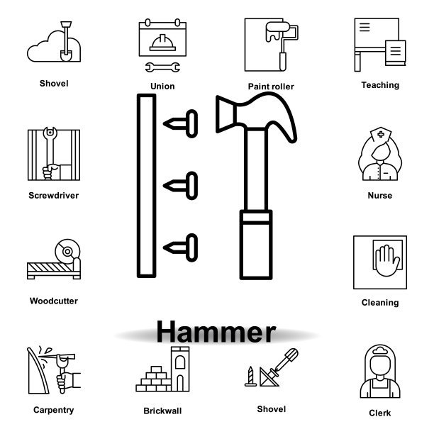 锤轮廓图标。一套劳动节插图图标。符号和符号可以用于网页，标志，手机应用程序，UI，用户体验图片下载