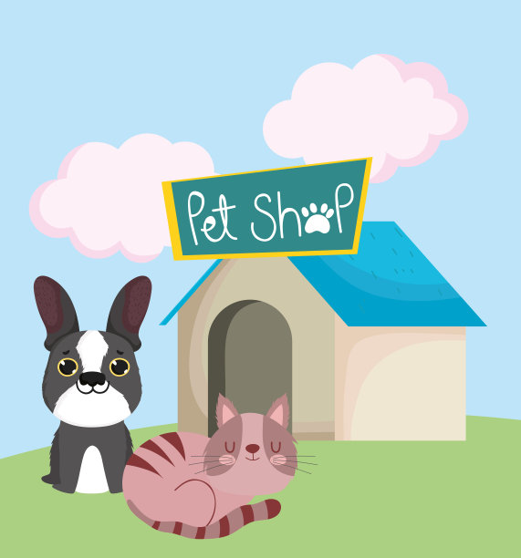 宠物店，狗和睡觉的猫与家养动物的家庭卡通图片下载