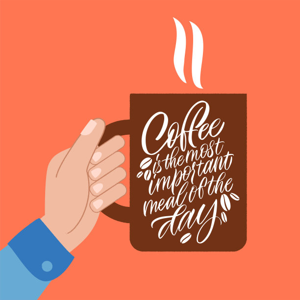 手里拿着马克杯，上面写着关于咖啡的短语。书法风格报价。平面设计生活方式字体。手写字体设计元素为咖啡厅装饰和商店广告。图片下载