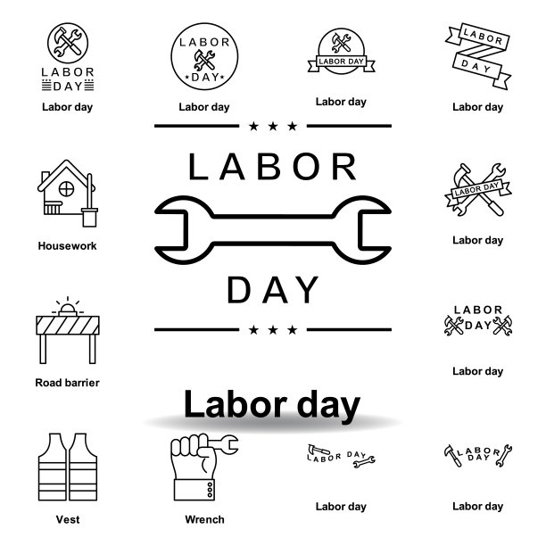 劳动节大纲图标。一套劳动节插图图标。符号和符号可以用于网页，标志，手机应用程序，UI，用户体验图片下载