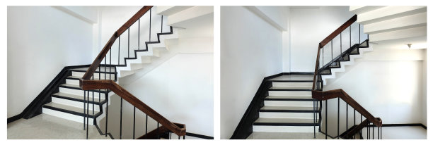 混凝土楼梯是木制扶手。大楼里有梯子。空旷的现代建筑楼梯。图片下载