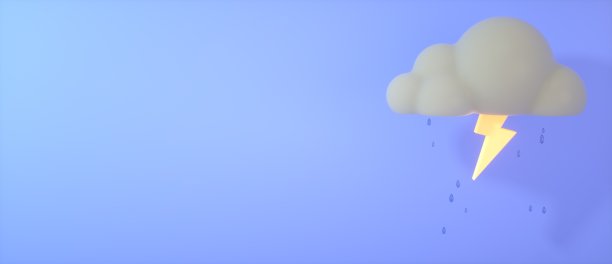 3D飞行闪电与云，闪电闪光，在柔和的蓝色背景。互联网、App、广告的设计元素。3d渲染图片下载