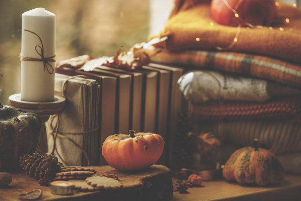 书的侧视图和窗边堆着的毯子图片下载