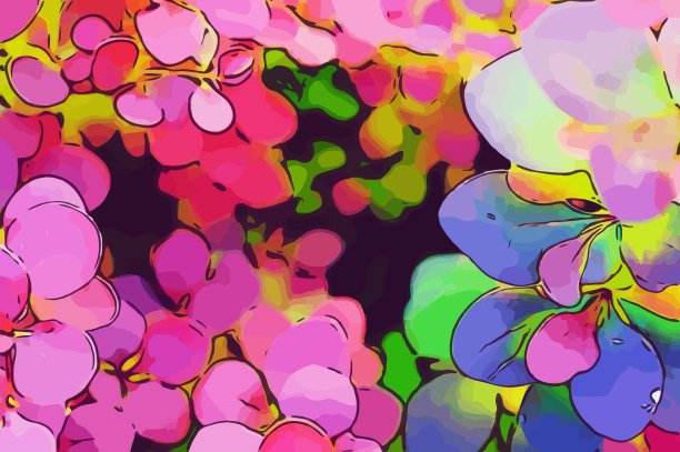 抽象花园中的紫罗兰和绿色灌木。图片下载