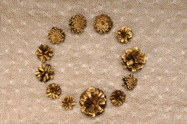 一个精致的镀金松果背景，俯视图，一个圆形的框架在中心，在针织帆布上，在温暖的光线。图片下载