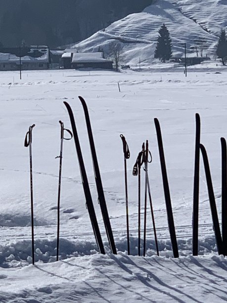 越野县滑雪滑雪板和杆子栽在雪近，属于一个家庭在旅行中休息，花他们的时间在一起。图片下载