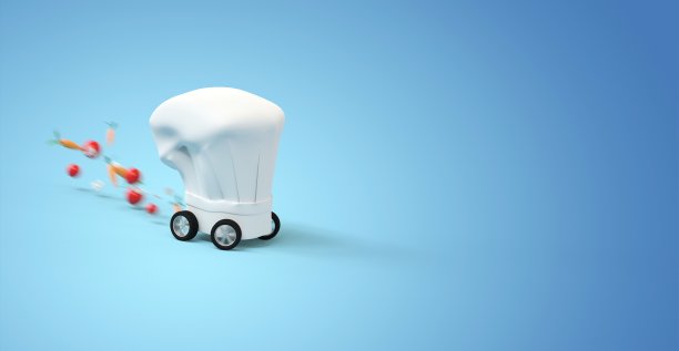 带轮子的厨师帽，上门送餐3D渲染图片下载