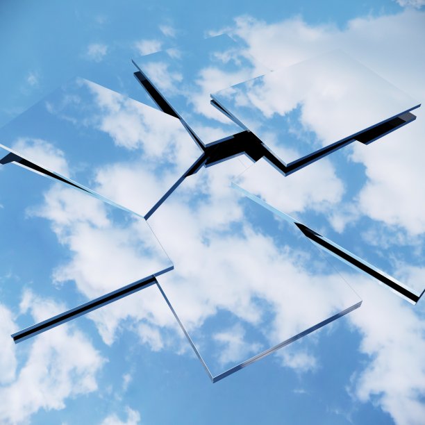 镜子反射放下与天空反射。3D插画创意图片下载