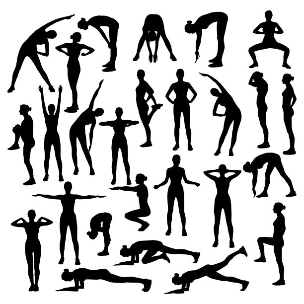 一组矢量剪影苗条的女孩做热身孤立在白色的背景。图片下载