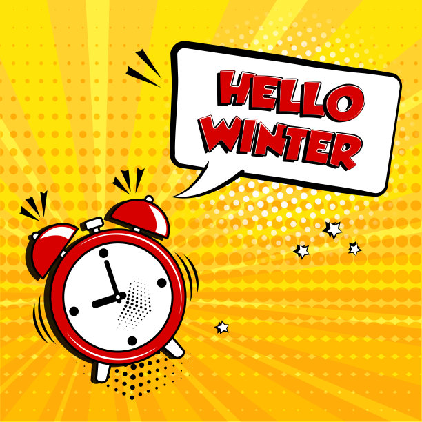 你好,冬天。闹钟与喜剧演讲泡泡在黄色背景。流行艺术风格的喜剧音效、星星和半色调点影。向量图片下载