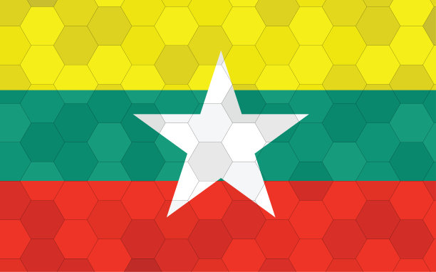 缅甸国旗插图。未来缅甸国旗图形与抽象六边形背景向量。缅甸国旗象征着独立。图片下载