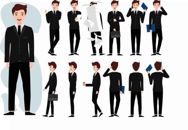 平面矢量青年人物穿着黑色西装，用很多手势工作图片下载