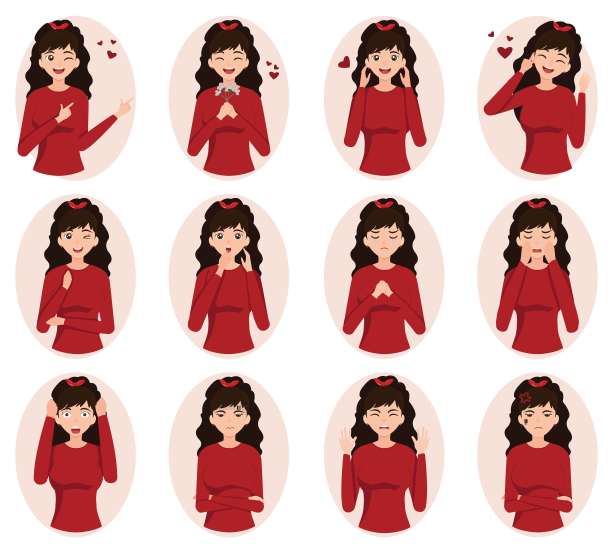 年轻漂亮的女建设者在红色衬衫与各种可爱和令人印象深刻的表情。卡通女孩矢量人物图片下载