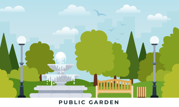 平面设计中的城市公共园林矢量插图。素材图片