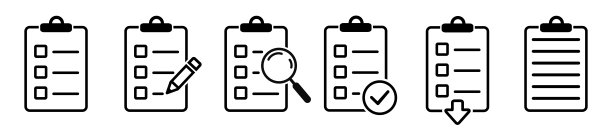 设置剪贴板图标。有批核图标、质量标志的文件。检查表，铅笔，放大镜，检查标记和箭头矢量图片下载