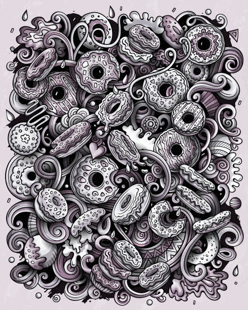 甜甜圈手绘矢量涂鸦插图。糖果海报设计。图片下载