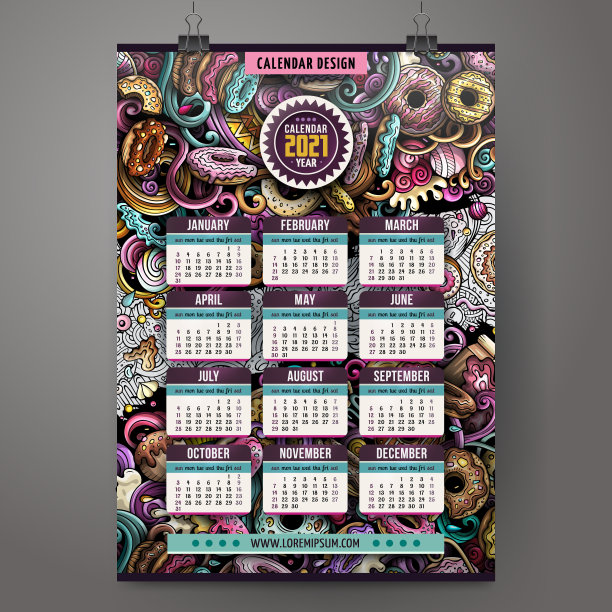 卡通涂鸦甜甜圈2021年日历模板。英语,周日开始图片下载