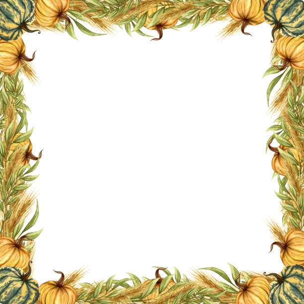 秋季南瓜水彩画框。有彩色南瓜和干树枝的插花。收获花环。图片下载