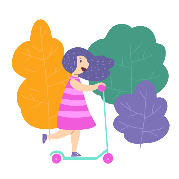 快乐的小女孩骑着滑板车在公园里散步，现代平面矢量插图。微笑的卡通人物。图片下载