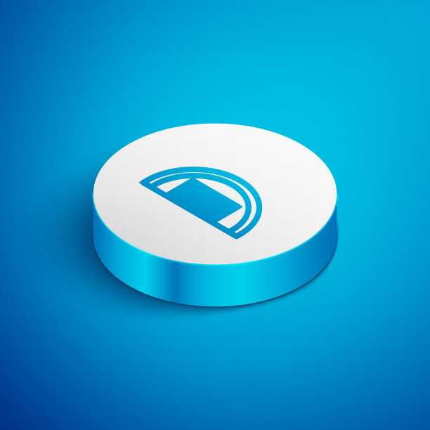 等距线车库图标隔离在蓝色背景。白色的圆按钮。向量图片下载