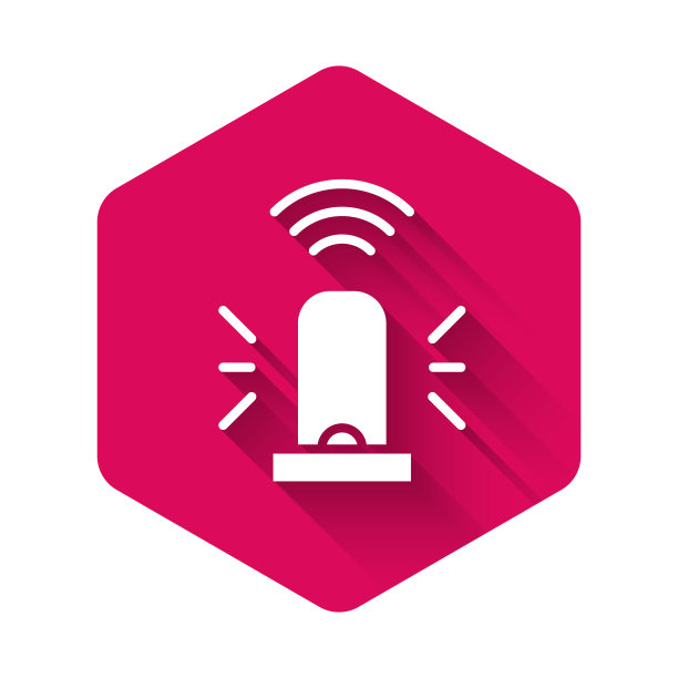 白色智能闪光警报系统图标隔离与长影子。紧急闪光警报。物联网概念与无线连接。粉红色的六角按钮。向量图片下载