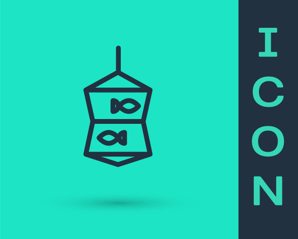 黑线鱼网与鱼的图标隔离在绿色背景。向量图片下载