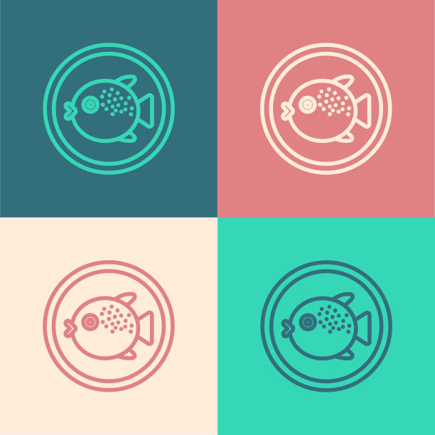 波普艺术线河豚鱼在一个盘子图标孤立的颜色背景。河豚日本河豚鱼。向量图片下载
