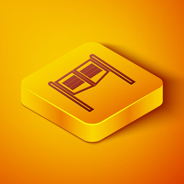 等距线老西部摆动沙龙门图标孤立在橙色背景。黄色正方形按钮。矢量图图片下载