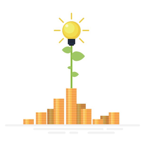 从一大堆金币中冒出的灯泡图片下载