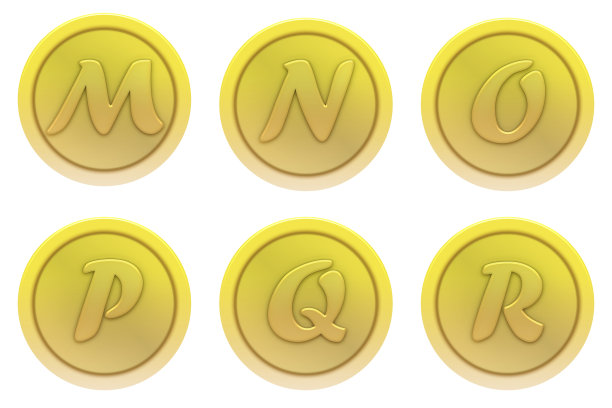 插图套黄金硬币与字母M，字母N，字母O，字母P，字母Q，字母R字母表素材图片